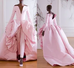 Rosa Ashi Studio Prinzessin Jumpsuit Ballkleider mit Rüschen Überrock 2022 Langarm Fleck V-Ausschnitt Arabisch Dubai Outfit Abendkleid Hosenanzug