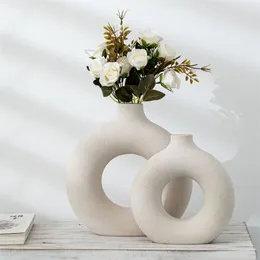 Nordic Keramik Vase Weiße Donuts Kreisförmige Hohl Blumentopf Büro Schreibtisch Wohnzimmer Innen Dekor Hause Dekoration Zubehör 220423