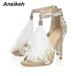 Aneikeh Women Sandals Pumps Summer Brand Fur Rhinestone Feather High Heel White Wedding Shoes Apricot 0227