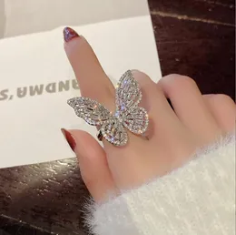 Exaggerated Popular Full Diamond Opening Ring Hollow Out Butterfly Rings for Women