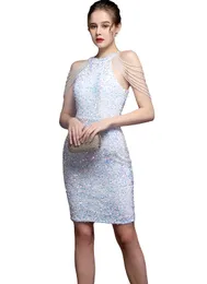 Sparkly White Sequins Formal Prom Party Cocktail Dress Sheath Sexy Short Evening Dresses Special Occasions Jewel Neck Sleeveless Beading Women Weddings Guest Gown