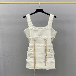 Runway Dresses Designer 2022 Kvinnor Summer A-Line Dress Tweed Dresses With Pearls Belt Female Milan Runway Designer Dresses Sleeveless Tassel Tank Tops