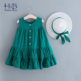 Humor Bear Girls Clothes Set Summer Loose Fashion Sleeveless Solid Round Neck Princess Dress + Hat 2pcs Casual Kids 220507
