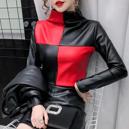 Women's T-Shirt 2022 Autumn Winter Women Tops Fashion Casual PU Leather Thick Turtleneck Long Sleeve Plus Size Lady Shirt Blusas