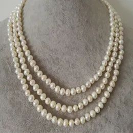 Handgeknüpfte Halskette aus natürlichen 6–7 mm weißen Süßwasserperlen, Pulloverkette, fast runde Perle, 254 cm