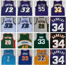 조류 레트로 농구 유니폼 33 Larry 12 Stockton 32 Karl Malone Jason Williams Ewing Gary Payton Kemp Barkley Dikembe Mutombo 저지 남자 티셔츠 유니폼