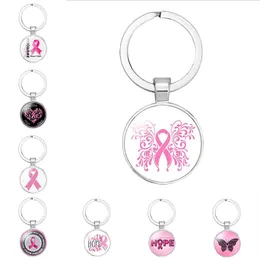 Pink Ribbon Keychain Ta hand om bröstcancer Välgörenhetsaktiviteter Väska Tillbehör Bil Pendant Gift Keyring Jewelry