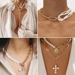 Pendant Necklaces Fashion Pearl Portrait Necklace For Women Vintage Gold Metal Twisted Heavy Lock Chain 2022 Trend Party JewelryPendant Godl