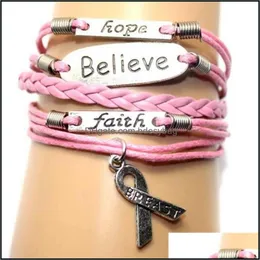 Bracelets de charme Charms de couro tecidos acreditarem letra Faith Hope Breast C￢ncer