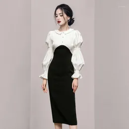 Casual Dresses Fashion Designer Simple Women Office Pencil Dress Autumn Elegant Long Lantern Sleeve Occupation Party Vestidos