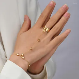 Link Chain Simple Heart Pendant Bracelet Connected Gold Metal Wide Finger Ring Bracelets For Women Hand Harness Jewelry Fawn22