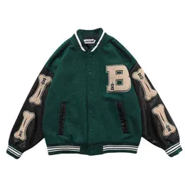 Vintage Bone Varsity Jacket Men Leather Sleeve Plush Letterman Women's Bomber Jacket Hip Hop Coat Baseball Oversize Green Purple T220816