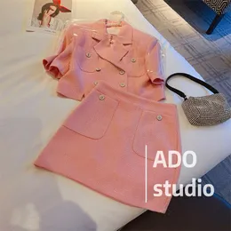 여성용 2 피스 드레스 핑크 슈트 2022 여름웨어 패션 짧은 슬리브 재킷 하이 허리 슬리밍 칼집 스커트 2 피스 세트 스토
