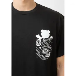 Men's T-Shirts Bandana Pocket Cartoon Bear Printed T Shirt For Men Funny Fashion Casual Black Tee 2022