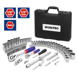 WorkPro 108 PCS Tool Set för bilreparationsverktyg Mekanisk verktygsset mattpläteringsuttag Ställ spannsknycklar skiftnyckel H220510227J