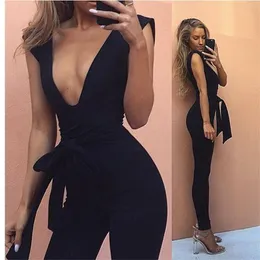 Summer Long Pants Jumpsuit Elegant Rompers Womens Overalls Sleeveless Tight Bodysuit Sexy Ladies Jumpsuits V Neck 1 Piece Outfit T200509