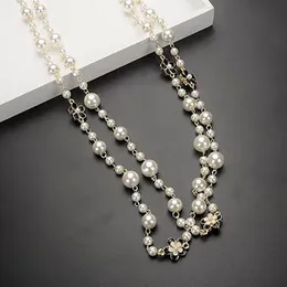 Chains Long Pearl Necklace For Women Camellia Flower Gray White Beads Layer Collane Vintage Jewelry On The Neck Accessories GiftChains