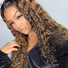 Highlight Curly Wave Lace Front Human Hair Wigs Ombre Brown Honey Blonde Color with Baby Hair for Black Women Brazilian Virgin 150%density