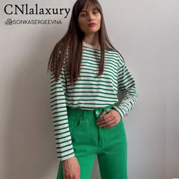 CNlalaxury Women Black And White Stripes O Neck Casual Tops Long Sleeve Loose Pullover T-shirt Srping Fashion Shirt 220525