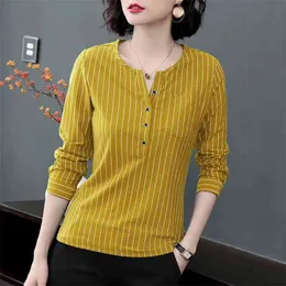 Kvinnor Spring Autumn Style Bluses Shirts Lady Casual Long Sleeve Striped Printed Oneck Blusas Tops DF3790 210401