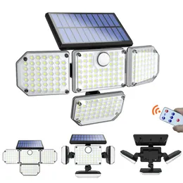 Solar Motion Sensor Lights Outdoor 48/112/182 LED Flood Light Waterproof 3 Modes 4 Adjustable Heads Solar Powered Wall Lamp
