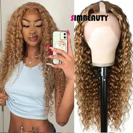 Ginger Honey Golden Blonde Water Wave U Part Wig Human Hair Full Machine Made No Leave Out Brazilian Loose Deep Waves Curly V Parts Wigs for Black Women Full End