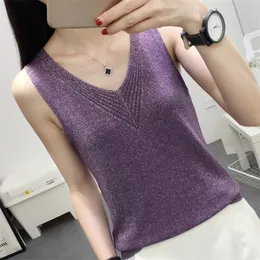 Summer Tops Women Blusas Mujer De Moda Verano Elegantes Tank Top V-Neck Bright Silk Knitted Pullovers E573 220318