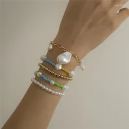 Gliederkette 5 teile/satz Ethnische Bunte Perlen Unregelmäßige Perle Hit Farbe Armband Set Für Frauen Mädchen Metall Charme Layered Armreifen