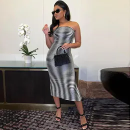 Casual Dresses Fashion Women's 2022 Wave Stripe Contrast Tryck Tight Sexy Split Strapless Jumpsuit Dress 1-284Casual