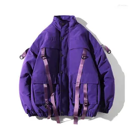 Men's Down & Parkas Harajuku Men Bubble Coat Winter Jacket 2022 Mens Streetwear Hip Hop Parka Ribbon Korean Black Clothes Purple Puffer Jack