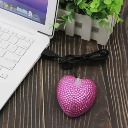 Wired Computer Mouse USB Optical Cute Pink Love Heart With Diamond Super Slim PC Mause 3D For Friends Girls Kids For Laptop