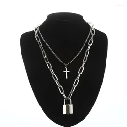 Chokers Neck Chain Punk Necklace Women Men Square Lock Cross Pendants Winter Jewelry Metal Padlock Cool Grunge Goth AccessoriesChokers Sidn2