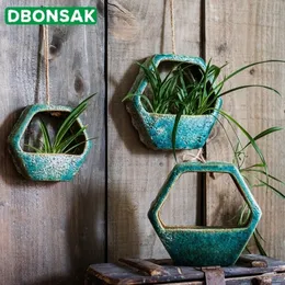 Ceramic Wall Hanging Flower Pot Basket Hydroponic Scindapsus ted Plant Handmade Lanyard Suspension Decor Y200709