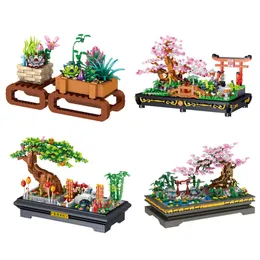 Bloki budulcowe roślin ogrodowych kwiat DIY Symulacja sosna drzewo wiśniowe Bonsai modelu modelu cegła cegła domowa prezent zabawki 220715