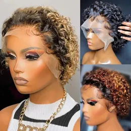 Kinky Curly Short Bob Pixie Schnitt menschliches Haar Perücken Ombre Blonde/braun/schwarz gefärbte hüpfende tiefe Wellenspitze Frontale Perücken für Frauen