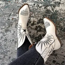 Vinapobo nowy marka haftowane kowbojskie buty dla kobiet kwadratowe Med obcasy Pointy Toe wysokiej jakości buty do kolan damskie buty 201103