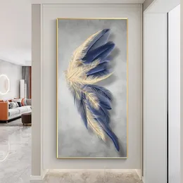 Dostosowane niebieskie abstrakcyjne płótno z piór malowanie plakat nordycki i drukuje obraz sztuki ściennej do salonu luksusowe cuadros