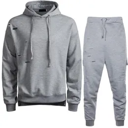 Herrespår mode mens hoodie tröja spårdräkt avslappnad pullover full längd svettbyxor spår dräkt manligt hål rippade två bitar set o