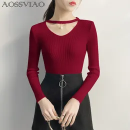 Aossviao v szyja swetry kobiety jesienne zima długie rękawy seksowne szczupłe topy solidne streetwearne koreańskie pullover burgundowe 220816