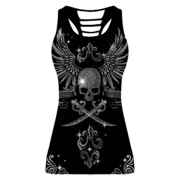 Kvinnor Skeleton Sport ärmlös T Shirt Tank Tops Flag Skull 3D Print Jerseys Back Hollow Out Vest för Club Fitness