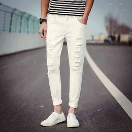 En kaliteli 2022 bahar sonbahar gündelik joker erkek çok yırtık delikli hip hop skinny jeans erkekler dilenci pantolon beyaz /siyah pantolon g220713