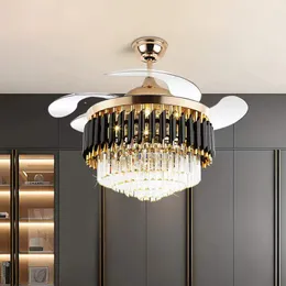 42 "Luxury Crystal Takfläktar Lampor Gold Black Remote Control Lamp Living Dining Bedroom LED Variabel Frequency Fans Lighting