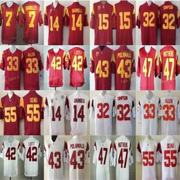 Nik1 USC Trojans Jersey Men 33 Маркус Аллен 42 Ронни Лотт 55 Юниор Сиу 43 Трой Поламалу 47 Клэй Мэтьюз NCAA Футбольные майки колледж PAC Red