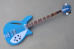 Factory Custom Semi-hollow Sky blue Electric Bass Guitar with White Pickguard,Rosewood Fingerboard,Yellow Pearl Fret Inlay,Offer Customized