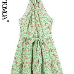 Moda Mujer con cinturón estampado Floral cuello Halter Mini vestido Vintage sin mangas cremallera trasera Mujer Vestidos Mujer 220526