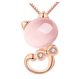 Rose Gold Ketten Halsketten Niedliche Ross Quarz Rosa Opal Halskette für Frauen Schmuck Mädchen Kinder Geschenk Katze Anhänger Halskette