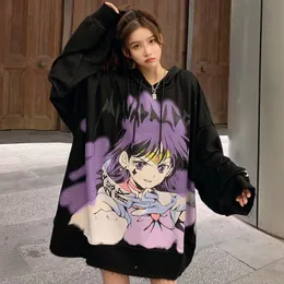 Kvinnors hoodies tröjor 2022 Kvinnlig pullover harajuku hiphop seglade mån huvtröja överdimensionerad mörk tjej punk gotisk topp anime hooded spr