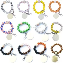 12 Style Unique Stylish Wooden Beaded Bracelet Keychain Pendant Party Favor Sports Ball Soccer Baseball Basketball Bangle Wristlet With Metal Key Ring