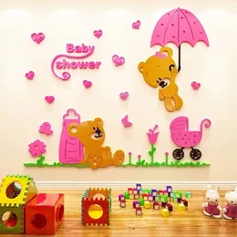 Little Bear Acrylic 3D Stereo Wall Stickers sovrummet Varmt barnrum Tecknad layout Kindergarten Dekoration T200421