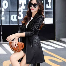 THEME 21 Pu Leather Jacket Women Fashion Black Motorcycle Coat Long Faux Leather Biker Jacket Soft Slim Jacket Female 210908